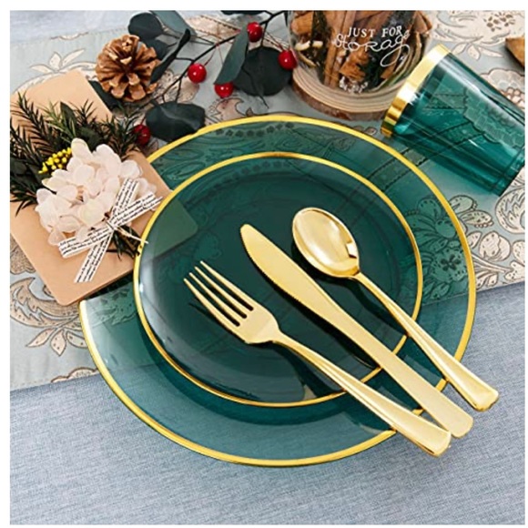 NEW 180pcs Clear Green Plastic Plates,Disposable Gold Plastic Silverware & Cups - Picture 3 of 6
